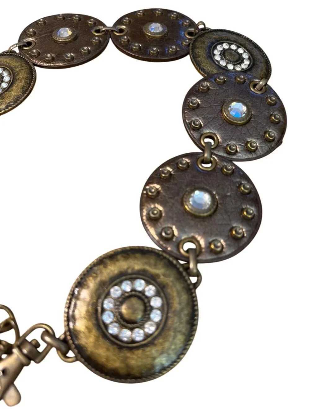 Vtg Navajo Style Metal Leather Disc Belt Rhinestones Chain Western Festival 45
